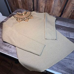 Once Again Gold Knit Sweater  Beaded Sequin Embellished Collar – Vintage Glam Lo
